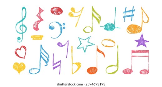 Colorful Musical Notes Hand Drawn with Crayon and Colorful Pencils. Collection of cartoon key notes symbols