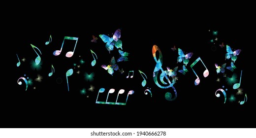 Colorful musical notes on black poster background vector illustration. Artistic musical notes design for live concert events, music shows and festivals, party flyer