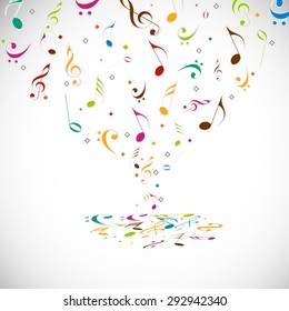 Colorful musical notes on shiny light grey background.