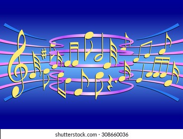 Colorful musical notes on a stave in the vector