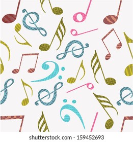 Notas musicales coloridas, fondo de patrón impecable.