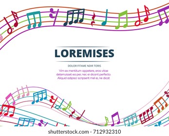 Colorful musical notes and sound waves vector background. Melody abstract illustration
