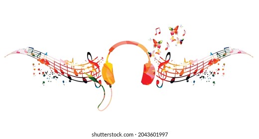 Colorful musical notes staff and headphones. Musical poster for mental wellbeing, listening music, relaxing, having fun, celebrate and enjoy vector illustration design