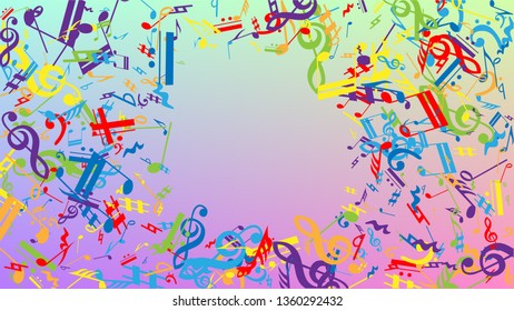   Colorful Musical Notes Symbol Falling on Hologram Background. Many Random Falling Notes, Bass and, G Clef. Disco Vector Template with Musical Symbols.