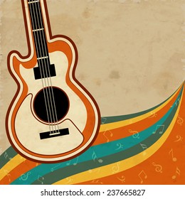 Coloridas notas musicales ondean el fondo con la guitarra.