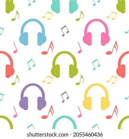 Patrón musical colorido, notas musicales y auriculares impresos, ilustración vectorial.
