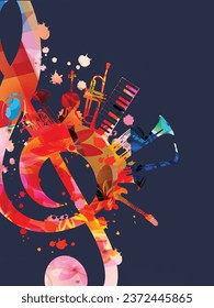 Colorful musical poster with G-clef and musical instruments vector illustration. Playful background for live concert events, music festivals and shows, party flyer