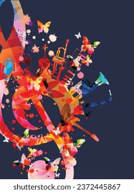 Colorful musical poster with G-clef and musical instruments vector illustration. Playful background for live concert events, music festivals and shows, party flyer
