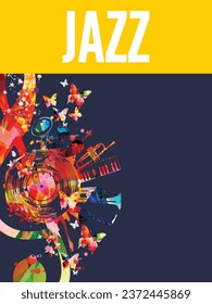 Colorful musical poster with G-clef and musical instruments vector illustration. Playful background for live concert events, music festivals and shows, party flyer