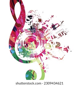 Afiche musical colorido con G-clef, disco de vinilo LP e instrumentos musicales de ilustración vectorial. Fondo lúdico para eventos de concierto en vivo, festivales y espectáculos musicales, folletos