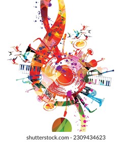 Colorful musical poster with G-clef, LP vinyl record disc and musical instruments vector illustration. Playful background for live concert events, music festivals and shows, party flyer