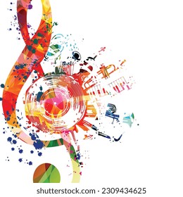 Colorful musical poster with G-clef, LP vinyl record disc and musical instruments vector illustration. Playful background for live concert events, music festivals and shows, party flyer