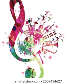 Colorful musical poster with G-clef, LP vinyl record disc and musical instruments vector illustration. Playful background for live concert events, music festivals and shows, party flyer