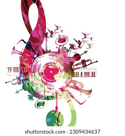 Colorful musical poster with G-clef, LP vinyl record disc and musical instruments vector illustration. Playful background for live concert events, music festivals and shows, party flyer