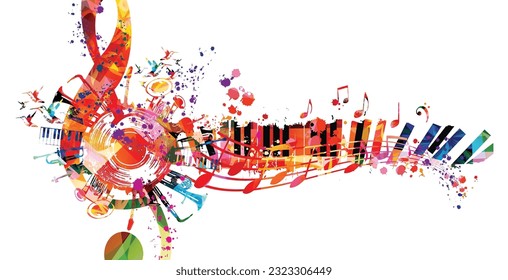 Colorful musical poster with G-clef, LP vinyl record disc and musical instruments vector illustration. Playful background for live concert events, music festivals, shows, party flyer with piano keys