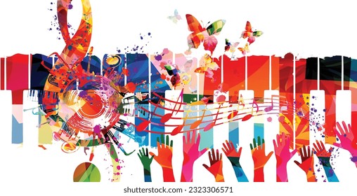 Colorful musical poster with G-clef, LP vinyl record disc and musical instruments vector illustration. Playful background for live concert events, music festivals, shows, party flyer with piano keys