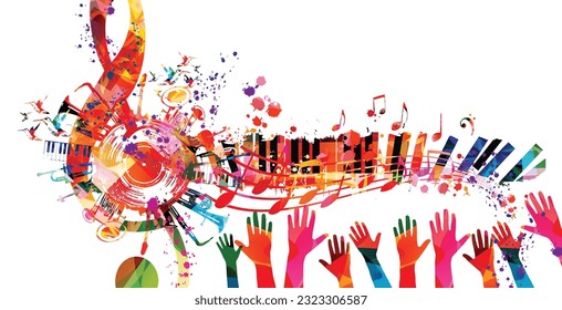 Colorful musical poster with G-clef, LP vinyl record disc and musical instruments vector illustration. Playful background for live concert events, music festivals, shows, party flyer with piano keys