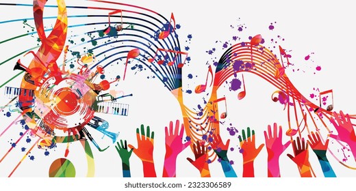 Colorful musical poster with G-clef, LP vinyl record disc, musical notes and instruments vector illustration. Playful background for live concert events, music festivals and shows, party flyer	