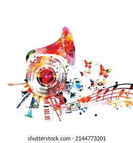 Colorful musical poster with gramophone horn and LP vinyl record vector illustration. Live concert events, music festivals and shows background, party flyer with musical notes and instruments