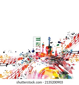 Colorful musical poster with musical instruments, notes and LP record  disc isolated vector illustration. Artistic, playful background for live concert events, music festivals and shows, party flyer	