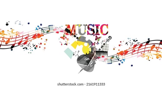 Colorful musical poster with musical instruments and notes isolated vector illustration. Playful music design with cello, guitar and piano for concert events, music festivals and shows, party flyer