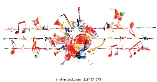 Colorful musical poster with musical instruments and notes attached to barbed wire and isolated vector illustration. Design with vinyl disc for concert events, music festivals and shows, party flyer	