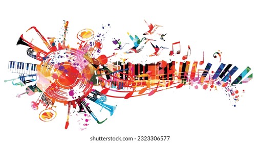 Colorful musical poster with LP vinyl record disc and musical instruments vector illustration. Playful background for live concert events, music festivals and shows, party flyer with piano keyboard