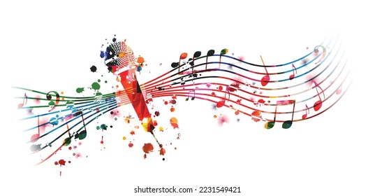 Colorful musical poster with microphone and musical notes. Vector illustration. Live concert events, music festivals and shows background, karaoke party flyer with musical notes and microphone	