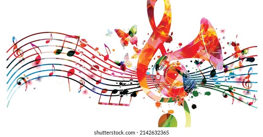 Colorful musical poster with musical notes, staff, gramophone horn and G-clef isolated vector illustration. Playful background for live concert events, music festivals and shows, party flyer	
