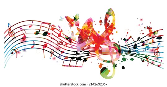 Colorful musical poster with musical notes, staff, gramophone horn and G-clef isolated vector illustration. Playful background for live concert events, music festivals and shows, party flyer	
