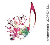 Colorful musical poster with quaver, LP vinyl record disc and musical instruments vector illustration. Playful background for live concert events, music festivals and shows, party flyer