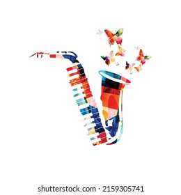 Colorful musical poster with saxophone and piano keyboard isolated vector illustration. Live concert events, music festivals and shows creative background, party flyer with butterflies	