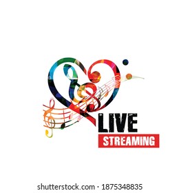 Colorful musical promotional poster background with musical notes isolated vector illustration. Live streaming banner for music festivals, shows and concert events