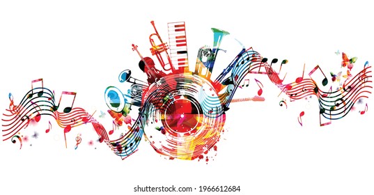 Colorful musical promotional poster with musical instruments and notes isolated vector illustration. Artistic abstract design with vinyl disc for concert events, music festivals and shows, party flyer