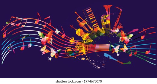 Colorful musical promotional poster with musical instruments and notes vector illustration. Artistic abstract design with vinyl disc for concert events, music festivals and shows, party flyer
