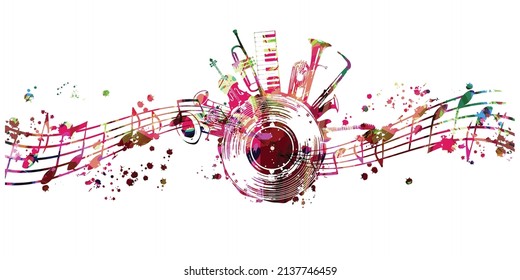 Colorful musical promotional poster with musical instruments and notes isolated vector illustration. Artistic playful design with vinyl disc for concert events, music festivals and shows, party flyer