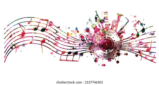 Colorful musical promotional poster with musical instruments and notes isolated vector illustration. Artistic playful design with vinyl disc for concert events, music festivals and shows, party flyer