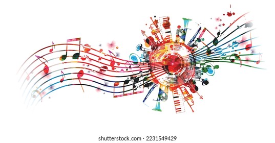 Colorful musical promotional poster with musical instruments and notes isolated vector illustration. Artistic playful design with vinyl disc for concert events, music festivals and shows, party flyer	