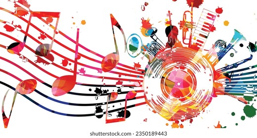 Colorful musical promotional poster with musical instruments and notes isolated-vector illustration. Artistic playful design with vinyl disc for concert events, music festivals and shows. Party flyer	