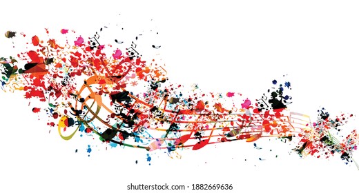 Colorful musical promotional poster with musical notes isolated vector illustration. Artistic background with musical staff for live concert events, music festivals and shows, party flyer template