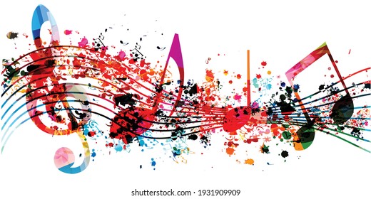 Colorful musical promotional poster with musical notes isolated vector illustration. Artistic background with G-clef for live concert events, music festivals and shows, party flyer template