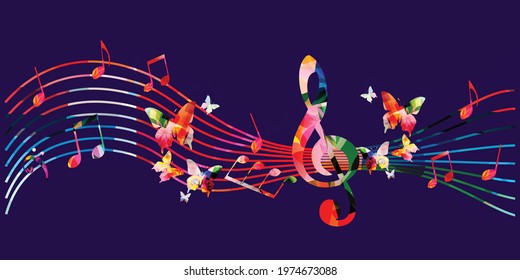 Colorful musical promotional poster with musical notes vector illustration. Artistic background with G-clef for live concert events, music festivals and shows, party flyer template