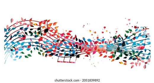 Colorful musical promotional poster with musical notes and leaves isolated vector illustration. Artistic background for live concert events, music festivals and shows, nature inspired party flyer