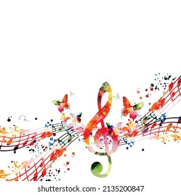 Colorful musical promotional poster with musical notes, staff and G-clef isolated vector illustration. Artistic and playful background for live concert events, music festivals and shows, party flyer	