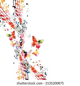 Colorful musical promotional poster with musical notes, staff and G-clef isolated vector illustration. Artistic and playful background for live concert events, music festivals and shows, party flyer	