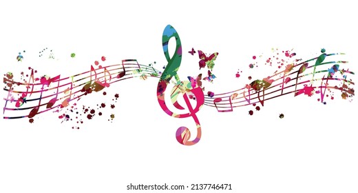 Colorful musical promotional poster with musical notes, staff and G-clef isolated vector illustration. Artistic and playful background for live concert events, music festivals and shows, party flyer