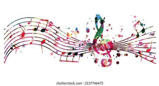 Colorful musical promotional poster with musical notes, staff and G-clef isolated vector illustration. Artistic and playful background for live concert events, music festivals and shows, party flyer