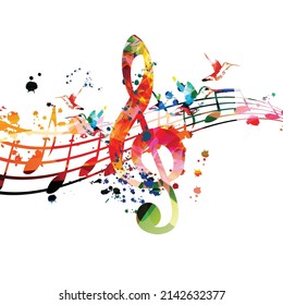 Colorful musical promotional poster with musical notes, staff and G-clef isolated vector illustration. Artistic and playful background for live concert events, music festivals and shows, party flyer	
