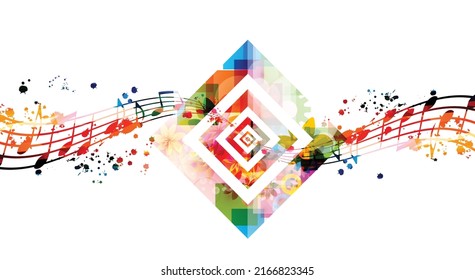 Colorful musical promotional poster with musical notes staff isolated vector illustration. Artistic playful background for live concert events, music festivals and shows, choir singing, party flyer	