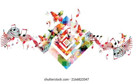 Colorful musical promotional poster with musical notes staff isolated vector illustration. Artistic playful background for live concert events, music festivals and shows, choir singing, party flyer	